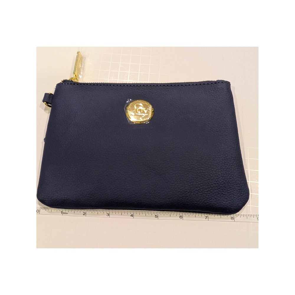 Joy Mangano Navy Blue Pebbled Leather Wristlet Clutch Gold Tone Hardware NEW